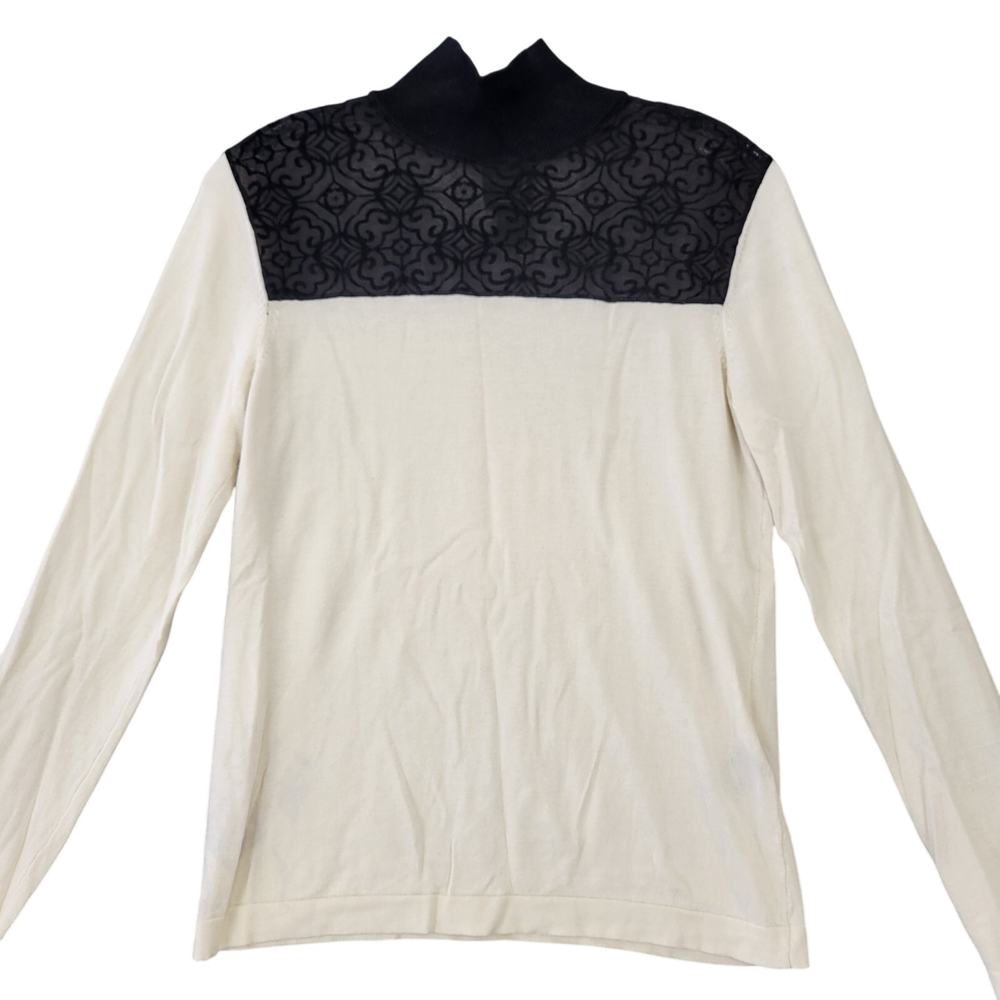 August Moon Cream Shirt Stretch Preppy Lace Y2k Long Sleeves Top Womens Size S